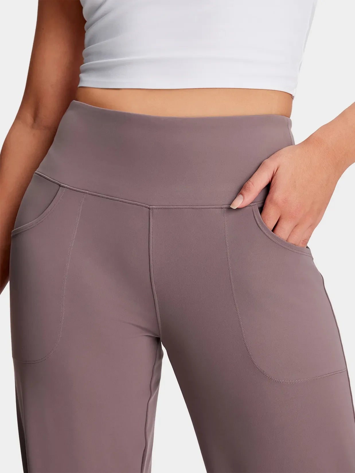 Yogipace Women's High Rise Wide Leg Pants - Petite, Regular & Tall #color_Taupe