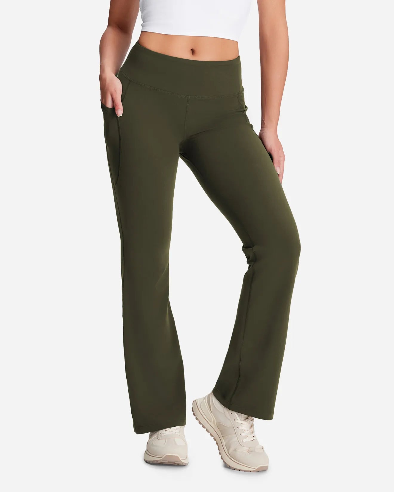 Yogipace Women's Essential Bootcut Yoga Pants with Side Pockets #color_Dark Olive