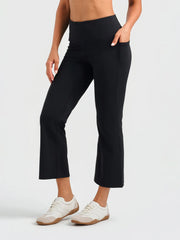 High Rise Flare Capri Yoga Pants, Side Pockets #color_Black