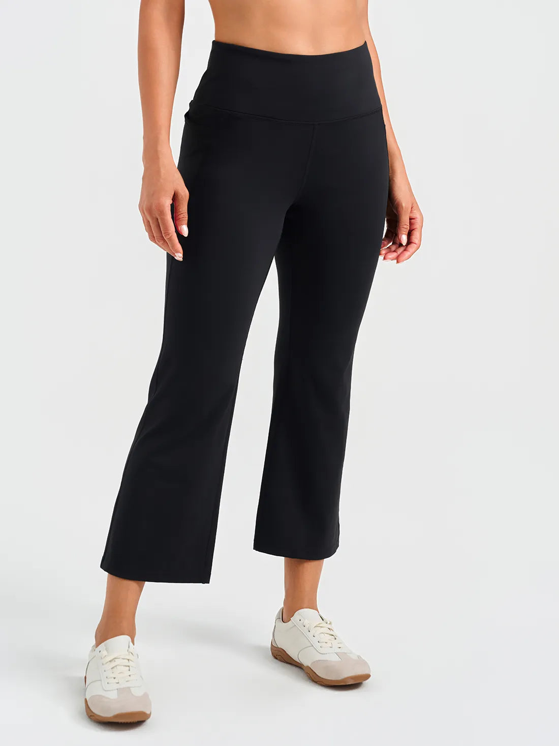 High Rise Flare Capri Yoga Pants, Side Pockets #color_Black