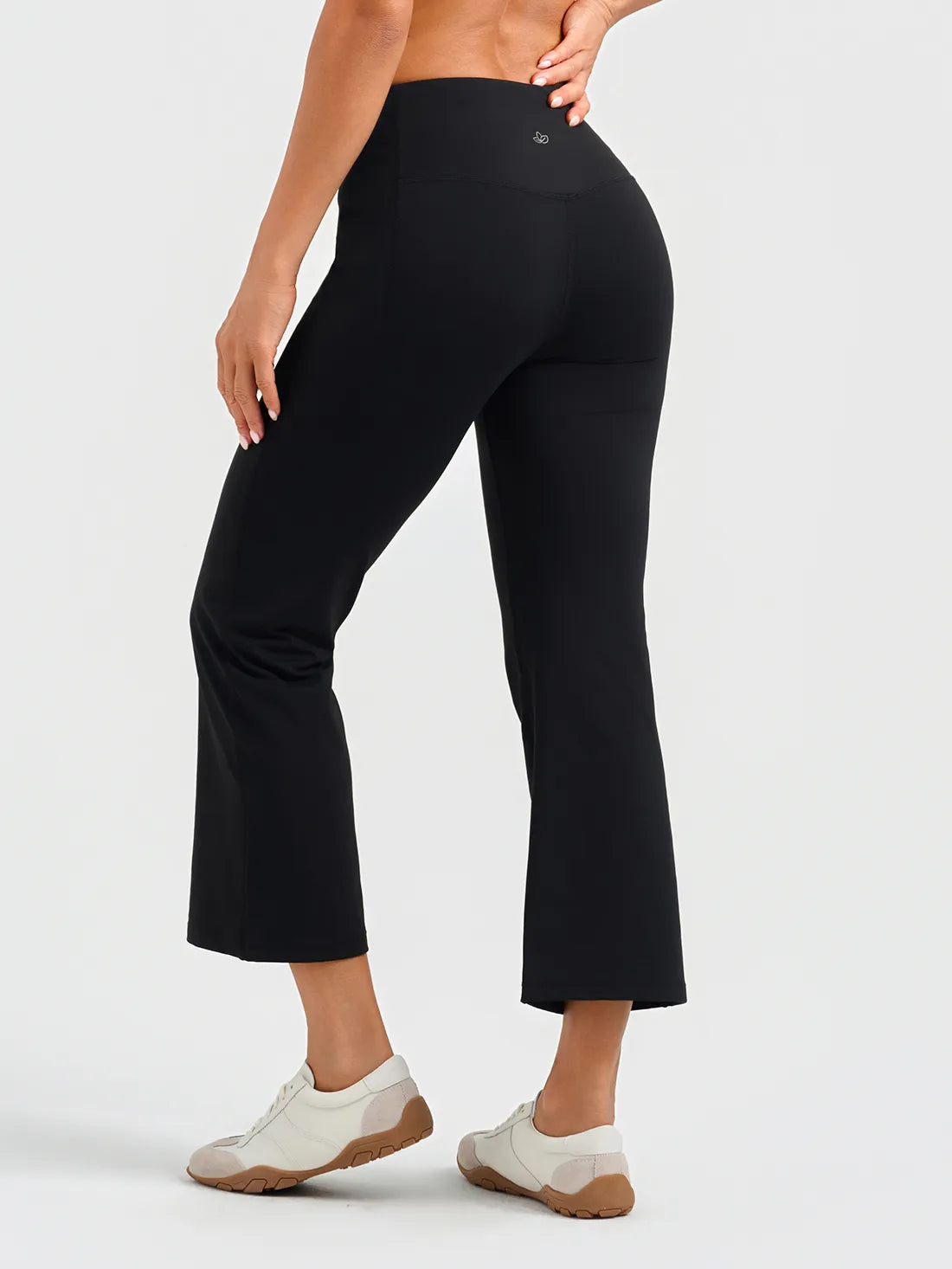 High Rise Flare Capri Yoga Pants, Side Pockets #color_Black