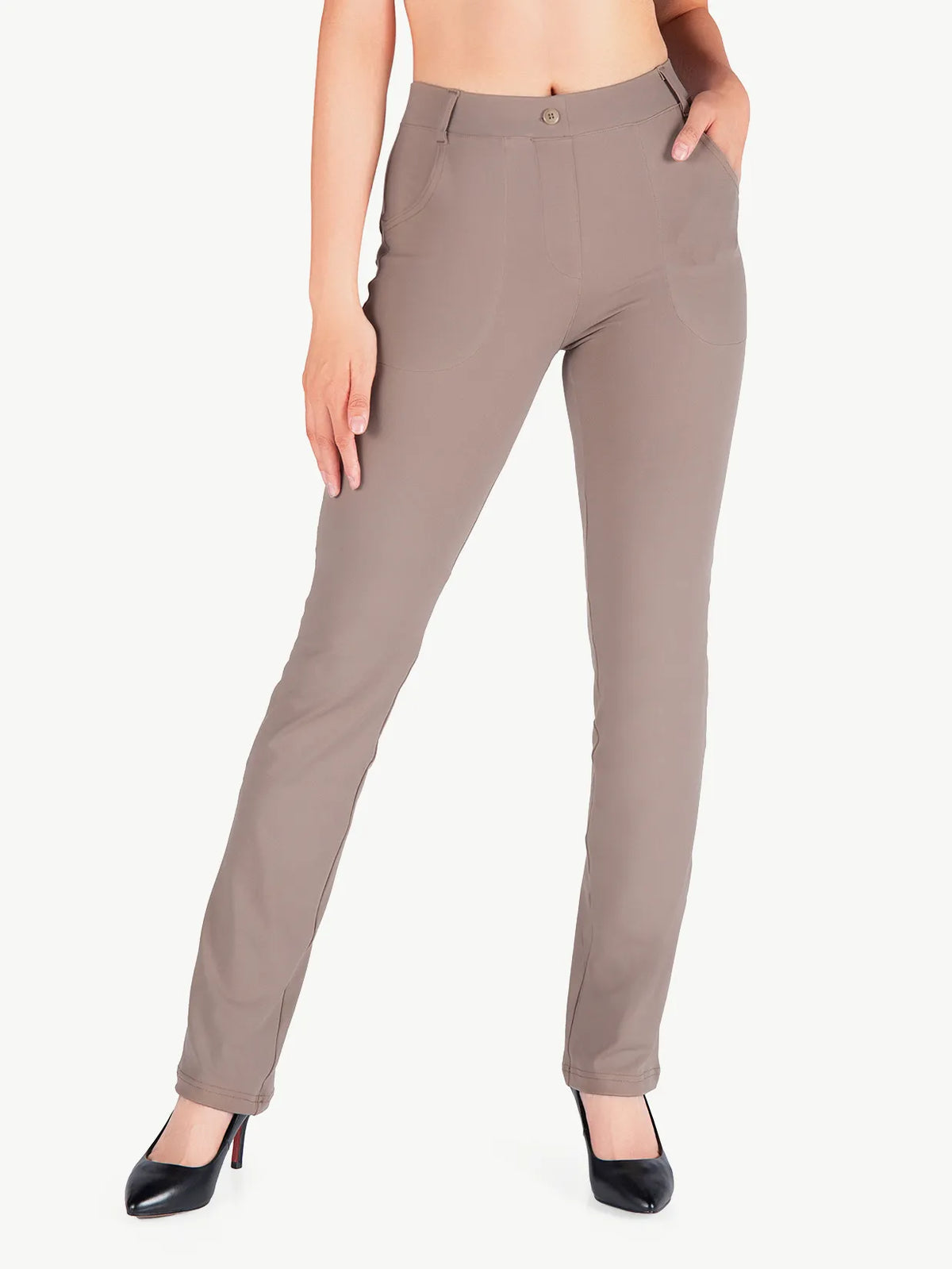 Women's Straight Leg Yoga Dress Pants with 4 Pockets #color_Taupe