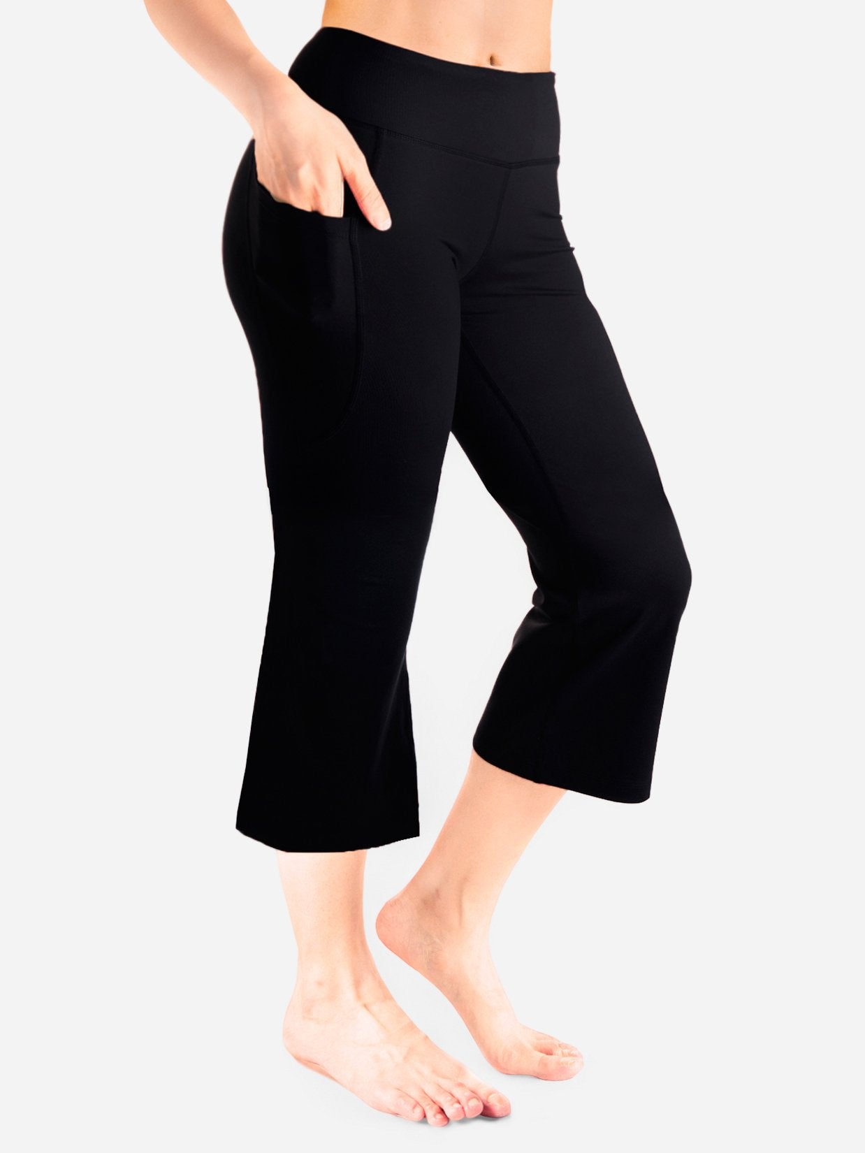 Essential Flare Capri Yoga Pants, Side Pockets #color_Black